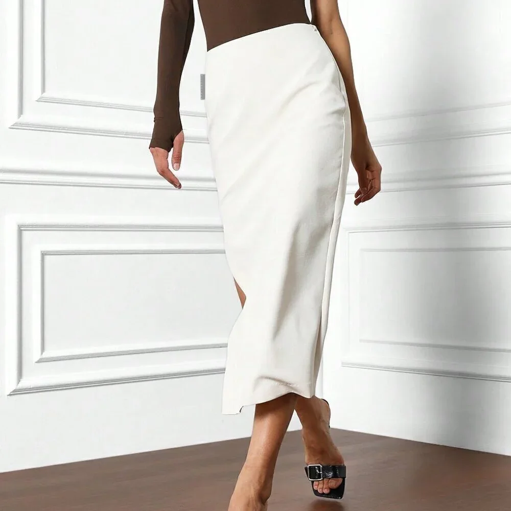 White Elegant Women's Tailored Side Slit Pencil Midi Skirt